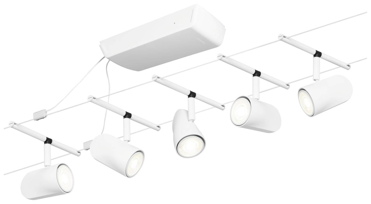 Stropní svítidlo s pěti nastavitelnými LED reflektory, umístěnými na kovovém kolejnicovém systému. Ideální pro cílené osvětlení prostoru.