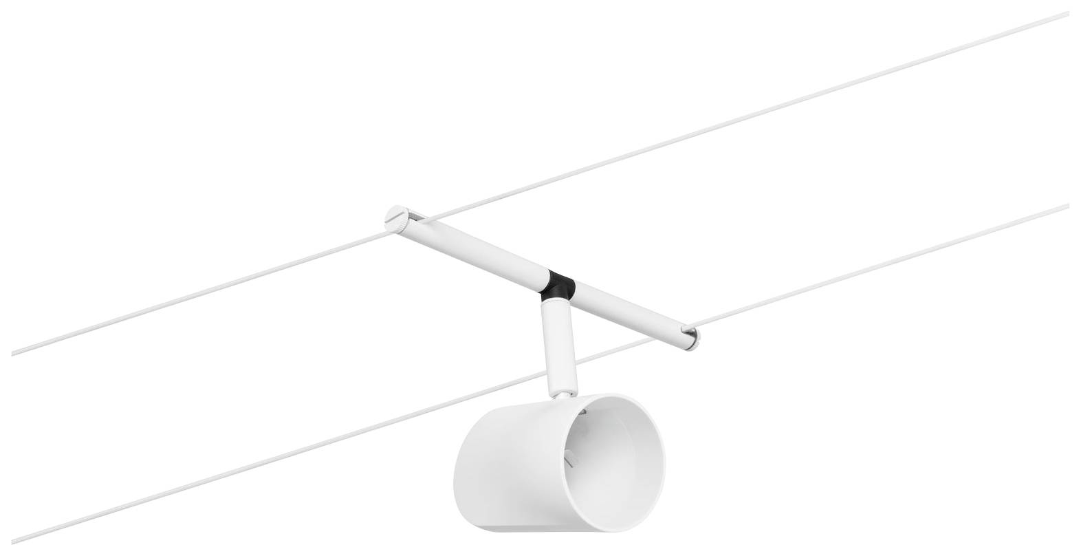 Bílý stropní reflektor je namontován na kolejnicovém systému a směřuje dolů. Design působí moderně a minimalisticky.