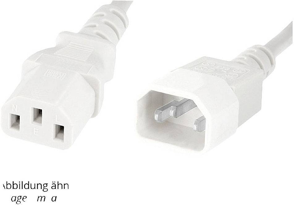 Bílý napájecí kabel pro spotřebiče s koncovkou a zásuvkou, často používaný pro propojení elektronických zařízení. Obrázek je podobný.'