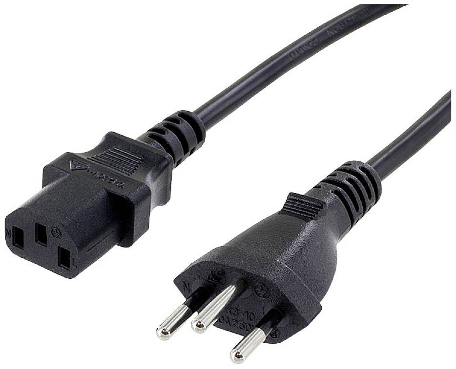 Černý síťový kabel s třípólovým kolíkovým konektorem na jedné straně a třípólovým zásuvkovým konektorem na straně druhé.