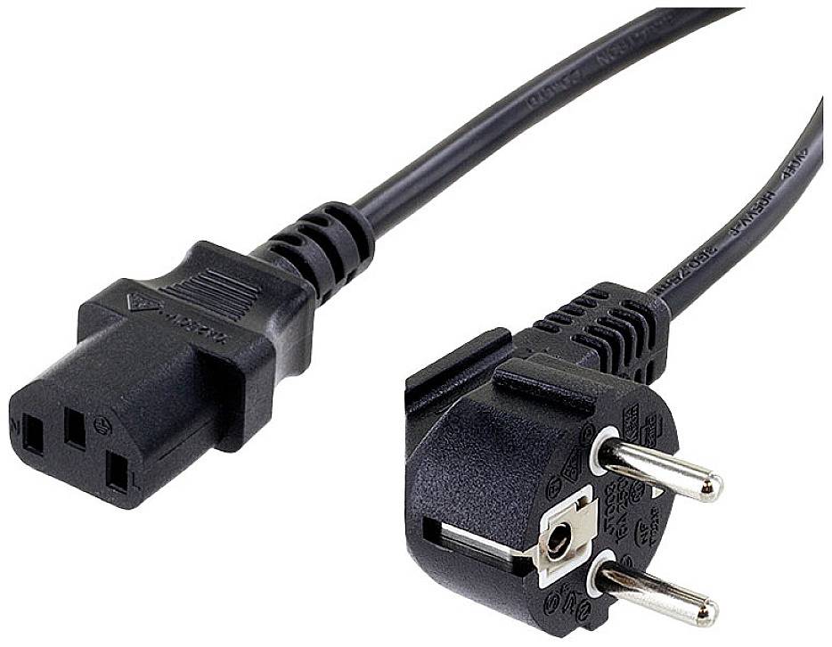 Obrázek černého napájecího kabelu s IEC C13 konektorem na levé straně a Schuko zásuvkou na straně pravé. Ideální pro připojení zařízení k elektrické síti.