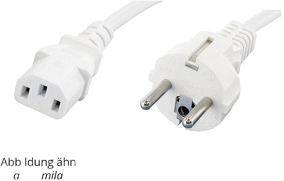 Bílý síťový kabel s C13 konektorem na levé straně a Schuko zástrčkou na straně pravé, které se používají pro připojení elektrických zařízení.