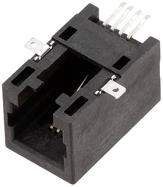 Černý, obdélníkový konektor se čtyřmi kovovými kolíky nahoře, používaný pro elektrické propojení v elektronických zařízeních.