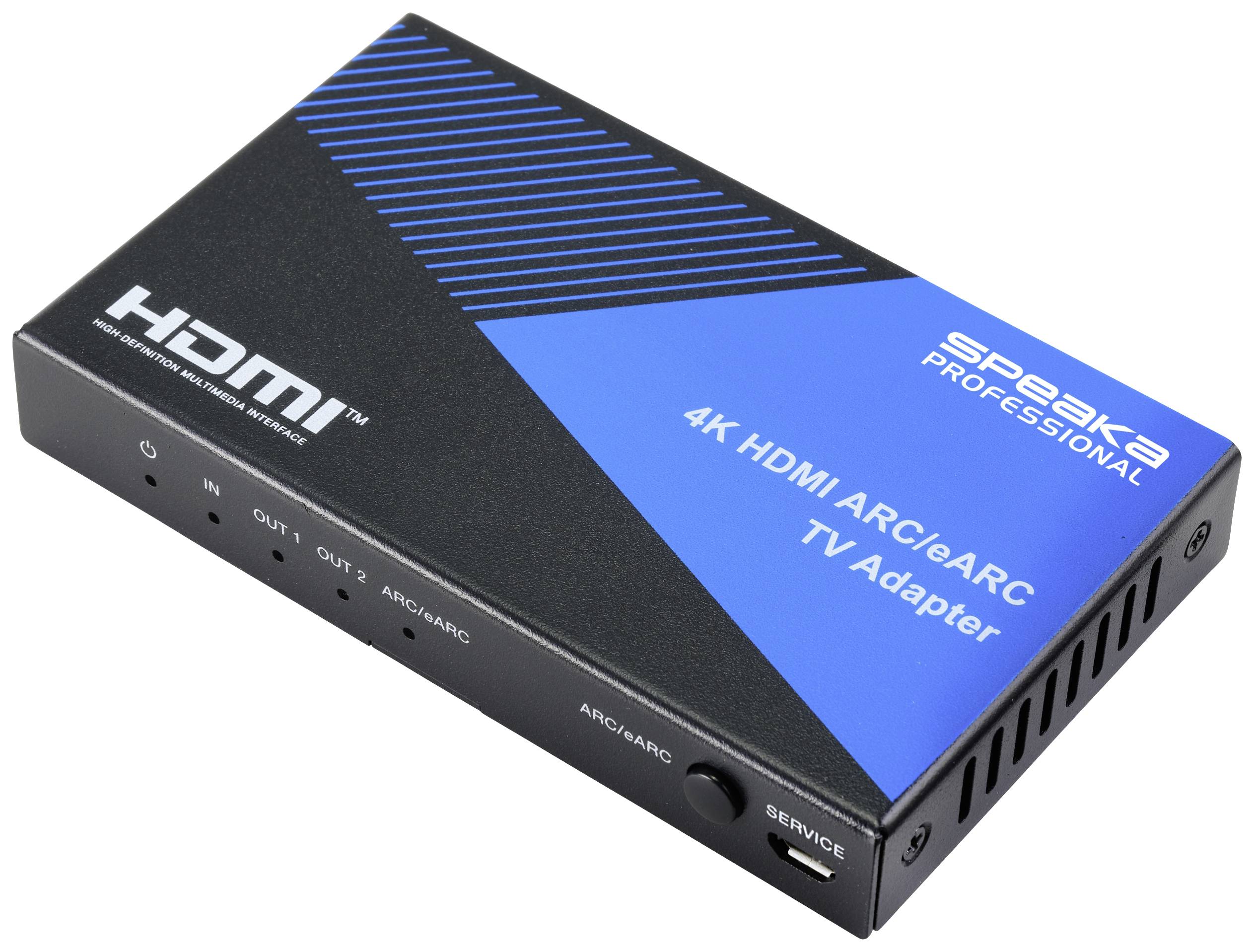 Adaptér Speaka Professional 4K HDMI ARC/eARC TV v trojúhelníkovém pouzdře s konektory pro IN, OUT a ARC/eARC.