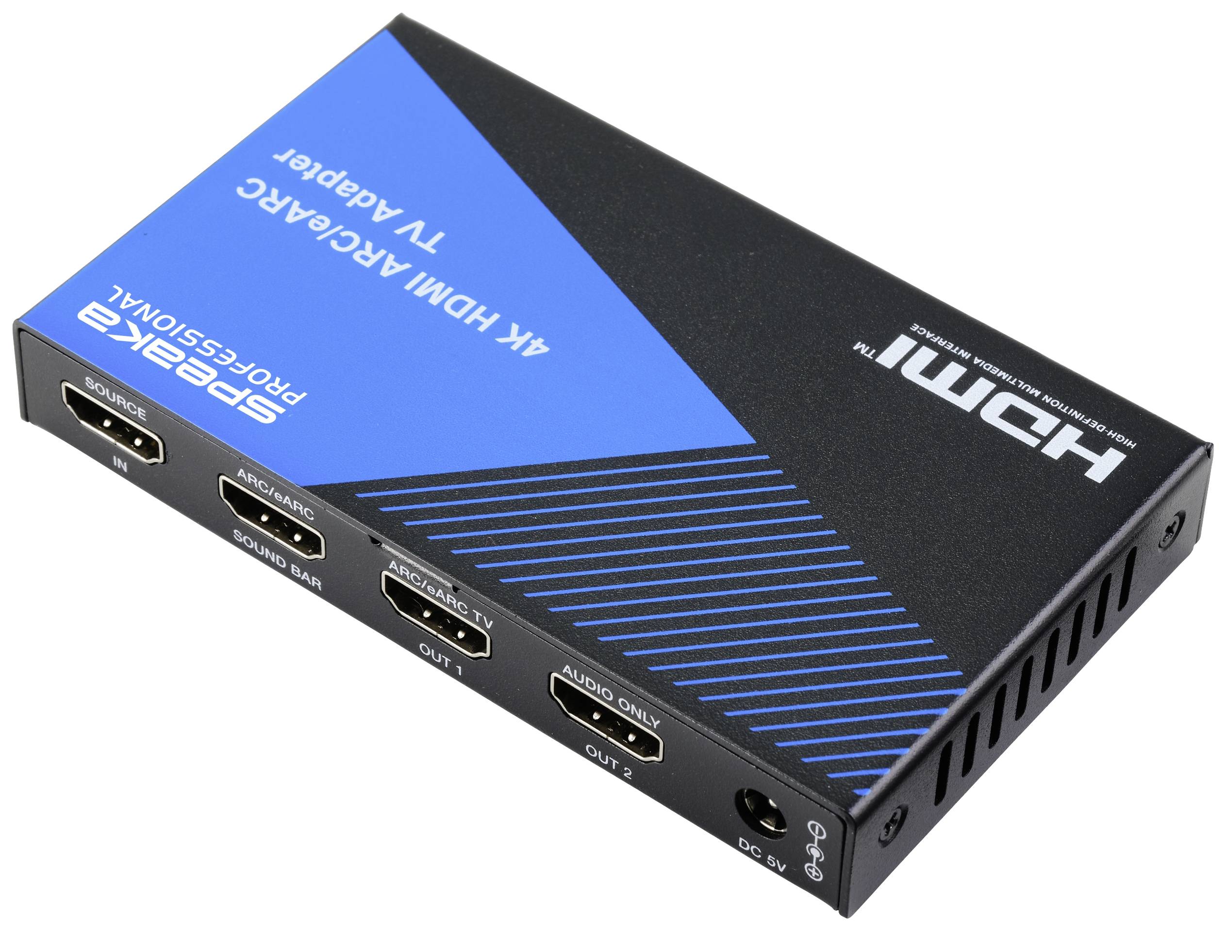 Adaptérová krabice s nápisem '4K HDMI ARC Adaptér'. Na straně zařízení jsou viditelné čtyři HDMI porty a jeden napájecí konektor.