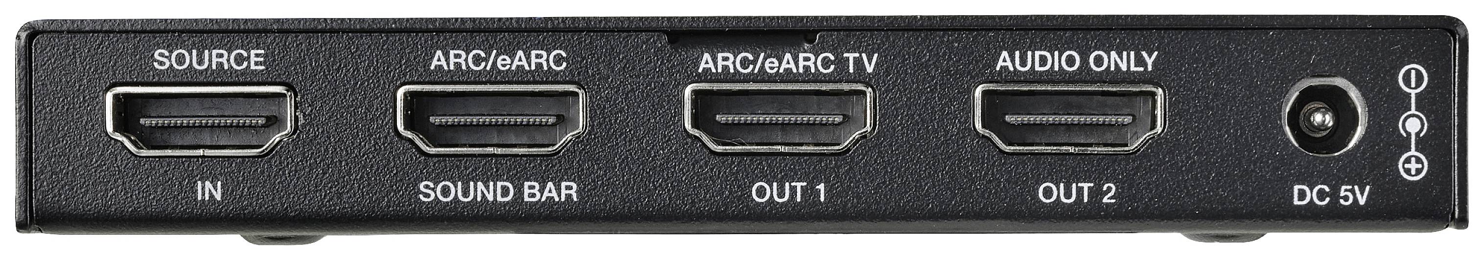 Elektronické zařízení se čtyřmi HDMI porty: 'SOURCE IN', 'SOUND BAR', 'ARC/eARC TV', 'AUDIO ONLY' a DC 5V připojením.