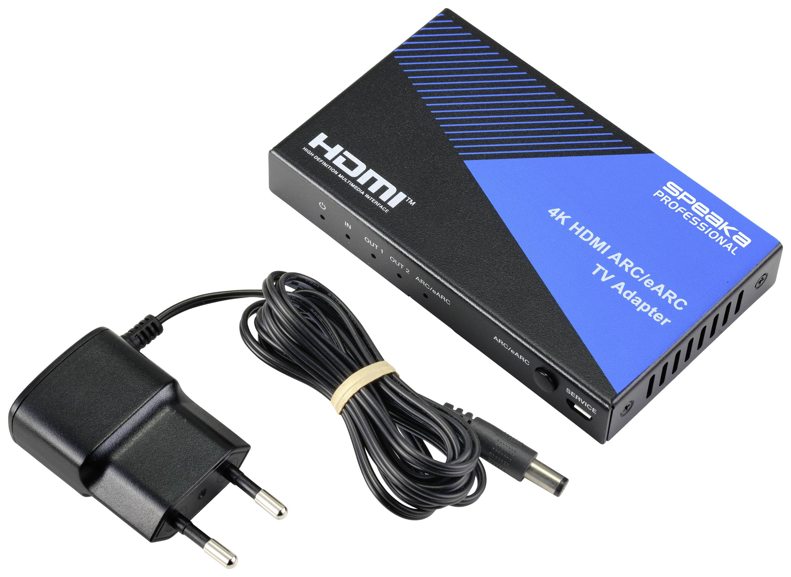 Černý 4K HDMI ARC/eARC TV adaptér s modrým logem, vedle něj černý napájecí adaptér s evropskou zástrčkou.