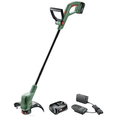 Zelená akumulátorová travní sekačka s nabíjecí stanicí a baterií. Sekačka má ergonomickou rukojeť a hodí se pro lehké zahradní práce.
