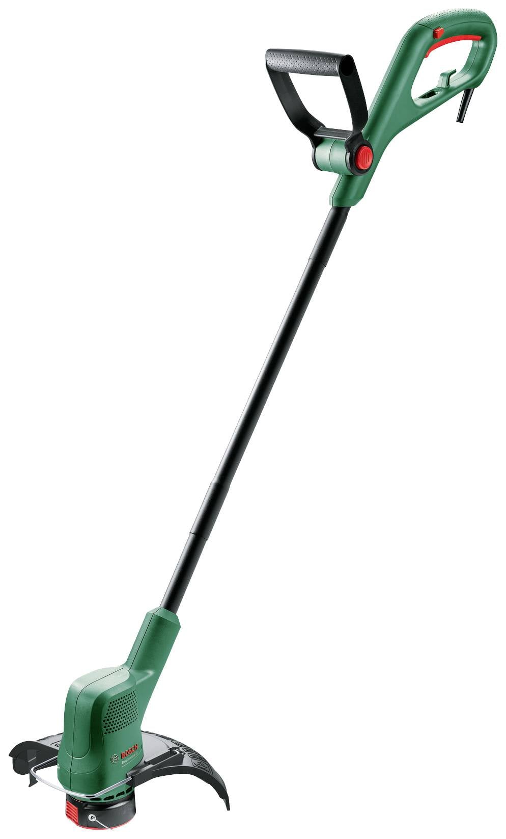 Elektrický vyžínač se zeleným krytem, černou rukojetí a červeným tlačítkem, vhodný pro sekání trávy a rostlin.