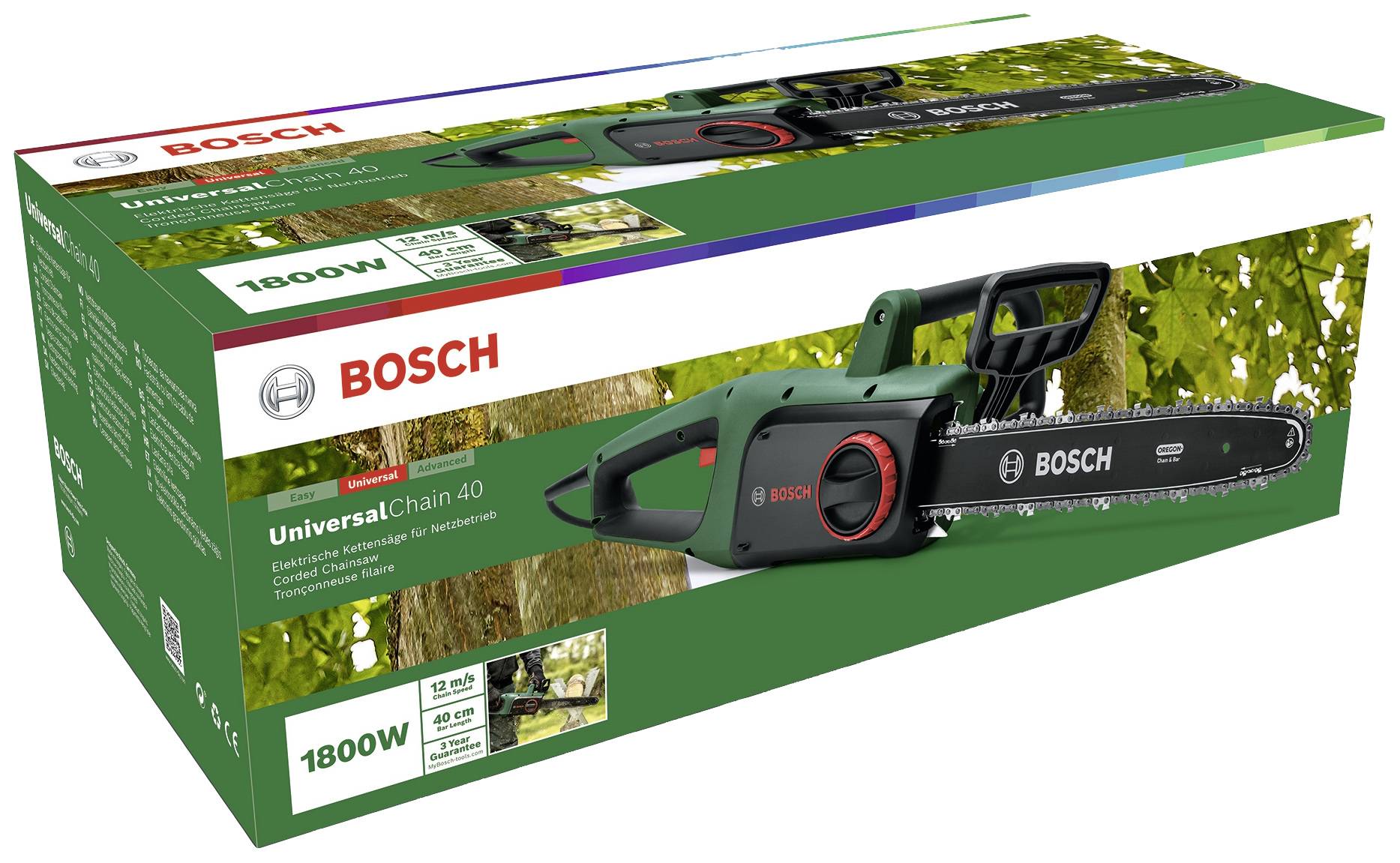 Obal řetězové pily Bosch UniversalChain 40, výkon 1800W. Obrázek zobrazuje produkt, technické parametry a logo značky.