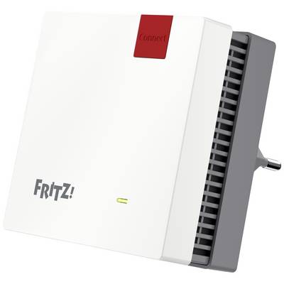Bílý Wi-Fi repeater značky FRITZ! s červeným tlačítkem 'Connect' a síťovou zástrčkou.