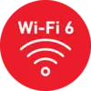 Kulaté ikona s nápisem 'Wi-Fi 6' a stylizovaným Wi-Fi signálem, který naznačuje rychlé a moderní internetové připojení.