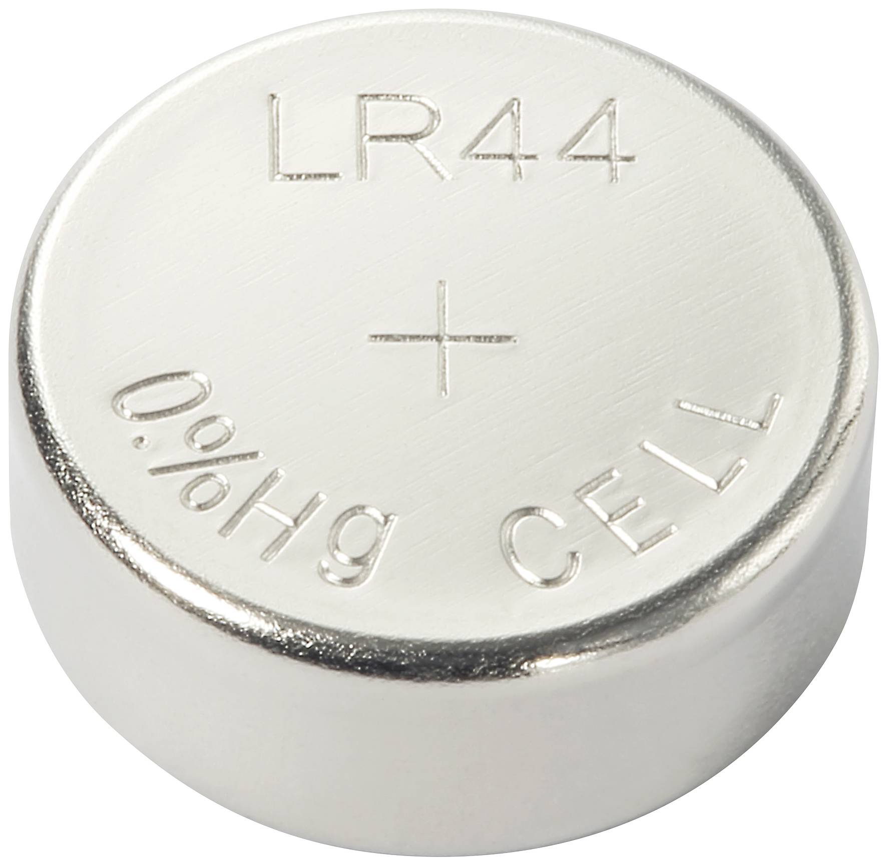 Stříbrná knoflíková baterie s nápisem 'LR44' a '0% Hg CELL' na horní straně.