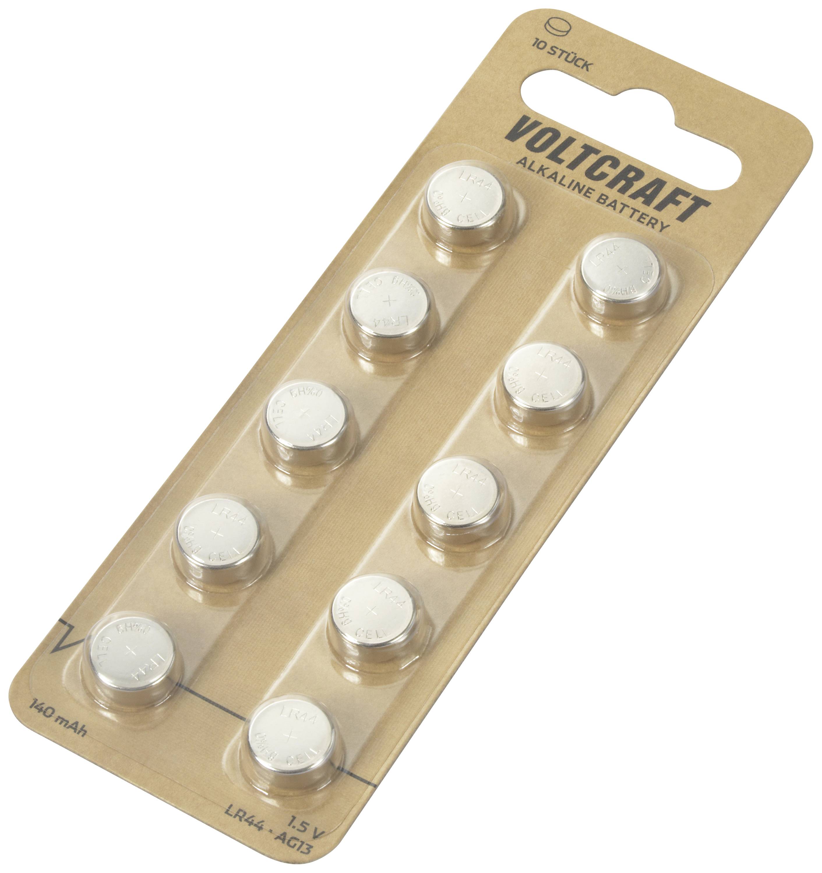 '10 ks Voltcraft LR44 alkalických baterií na blistru, 1,5 V, 150 mAh.'