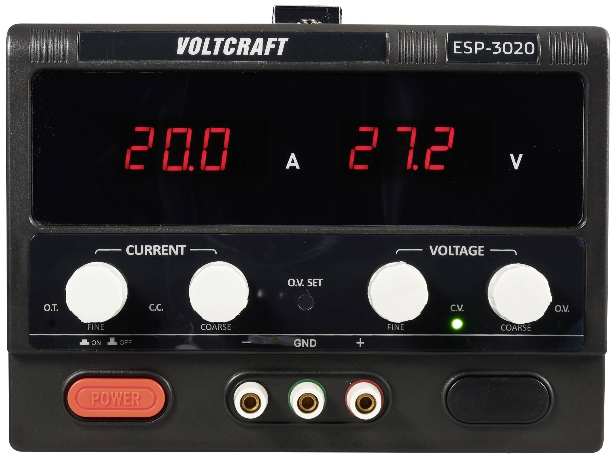 Elektronické síťové zařízení s displejem. Vlevo: 20,0 ampérů, vpravo: 27,2 voltů. Regulátor proudu a napětí, vypínač napájení.