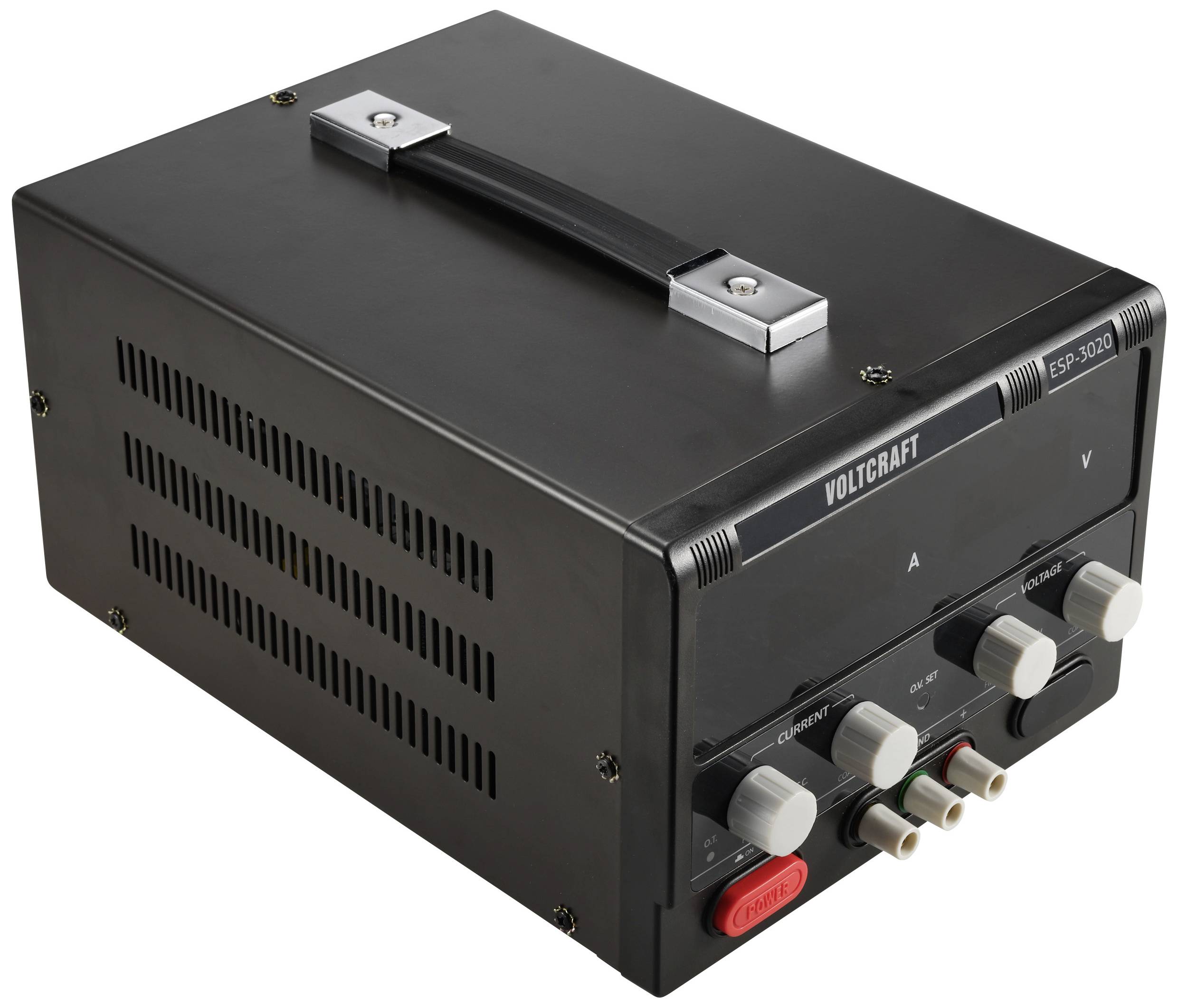 Černý síťový napájecí zdroj Voltcraft modelu ESP-5200 s několika otočnými knoflíky a přípojkami na přední straně, vhodný pro technické aplikace.