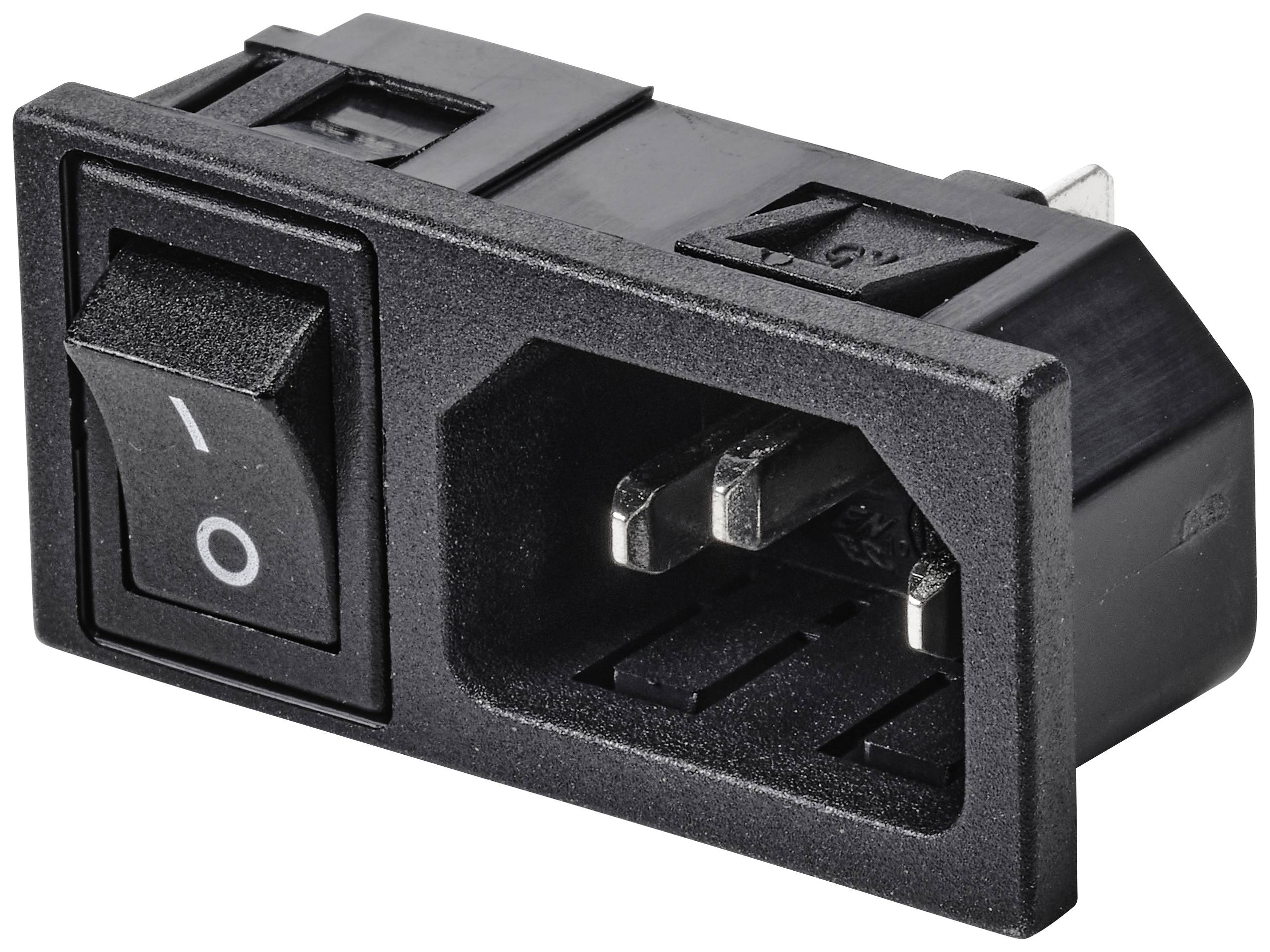Černý síťový spínač s integrovanou IEC-C14 vidlicí, často používaný v elektronických zařízeních pro zapínání a vypínání.
