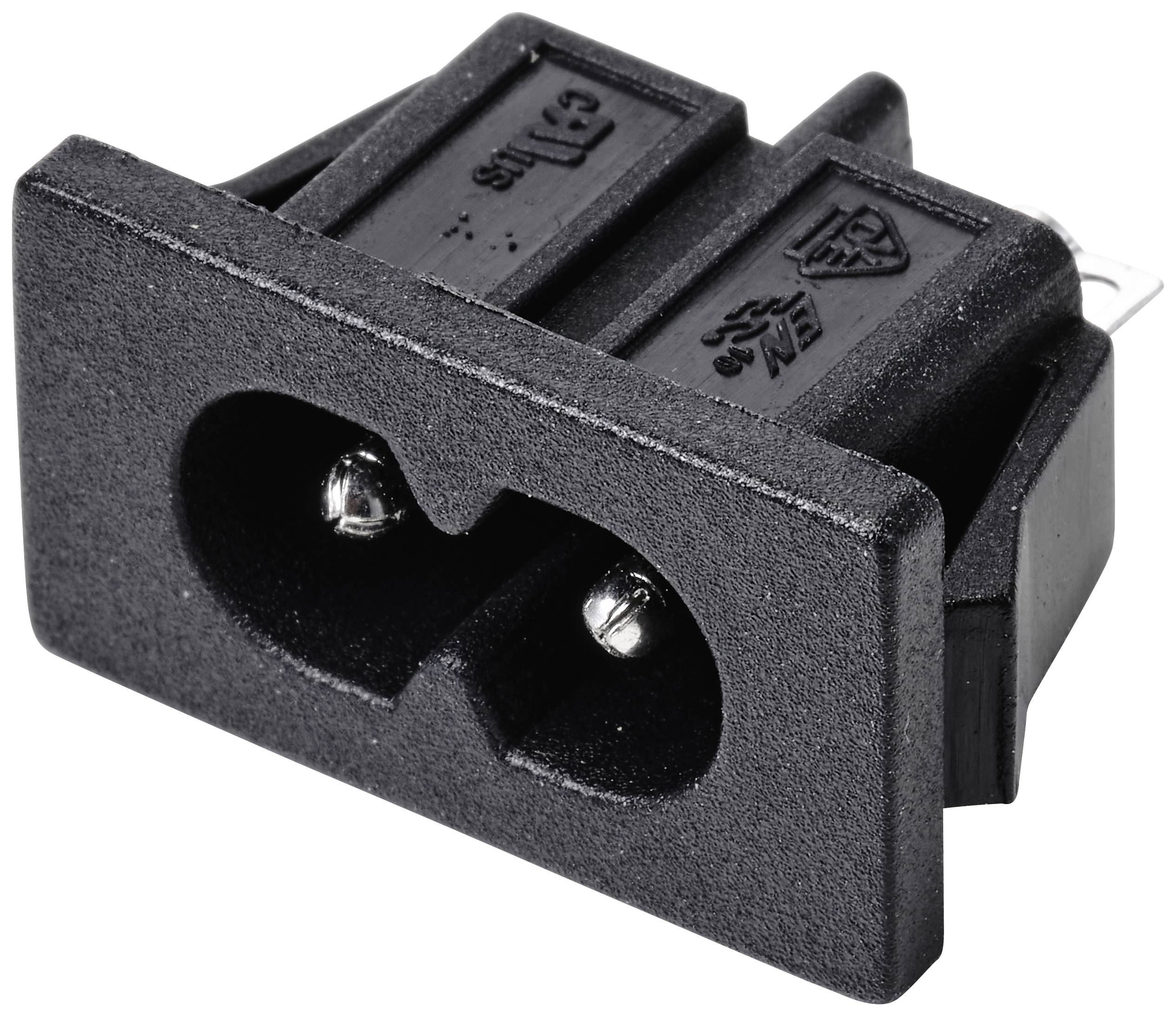 Dvoupólová černá zásuvka pro elektrické připojení. Obdélníkový tvar se dvěma viditelnými kovovými kontakty.