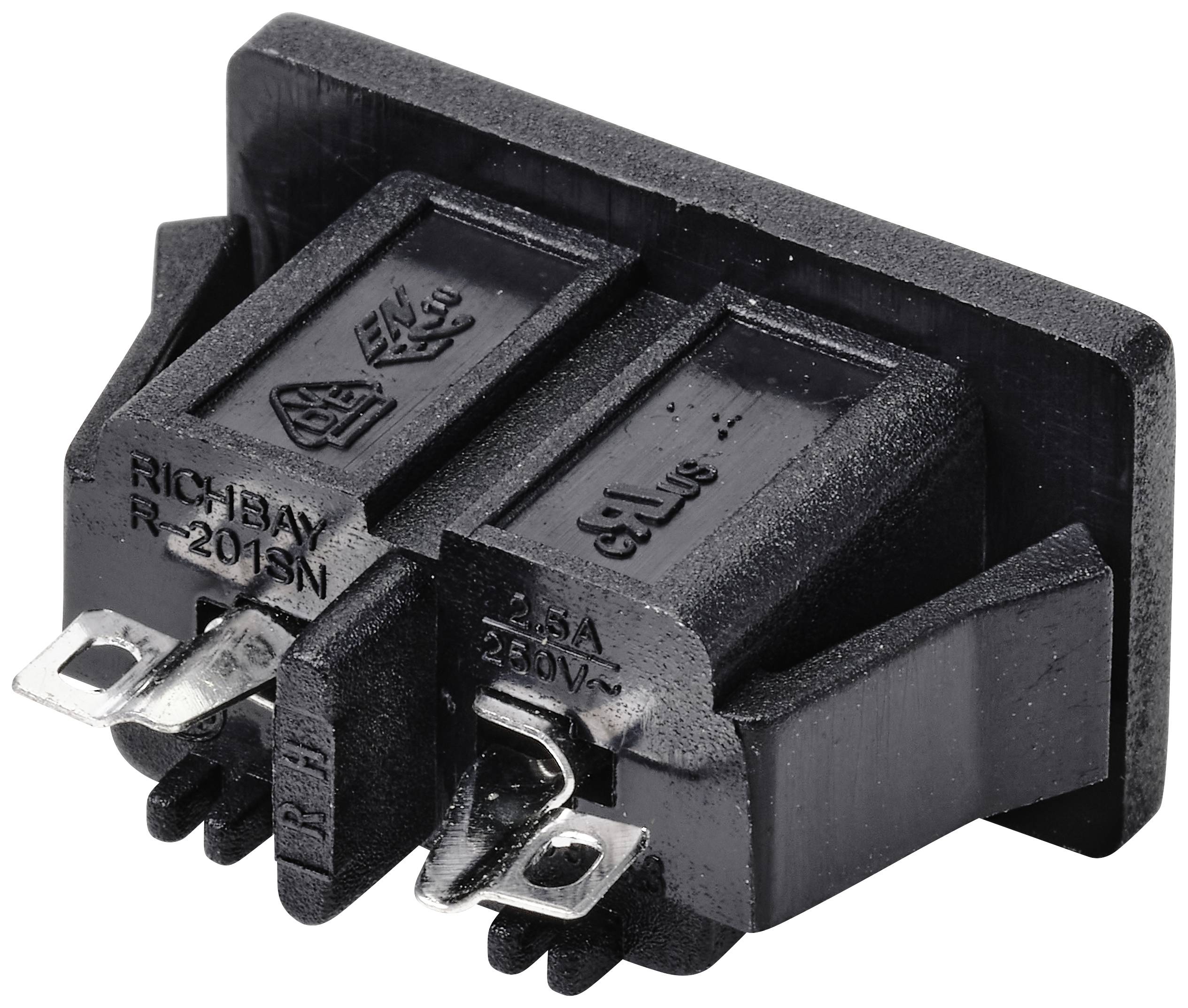Černý, obdélníkový přepínač se dvěma kovovými kontakty. Nápis: 'RICH BAY R-201SN' a '15A 250V~'.