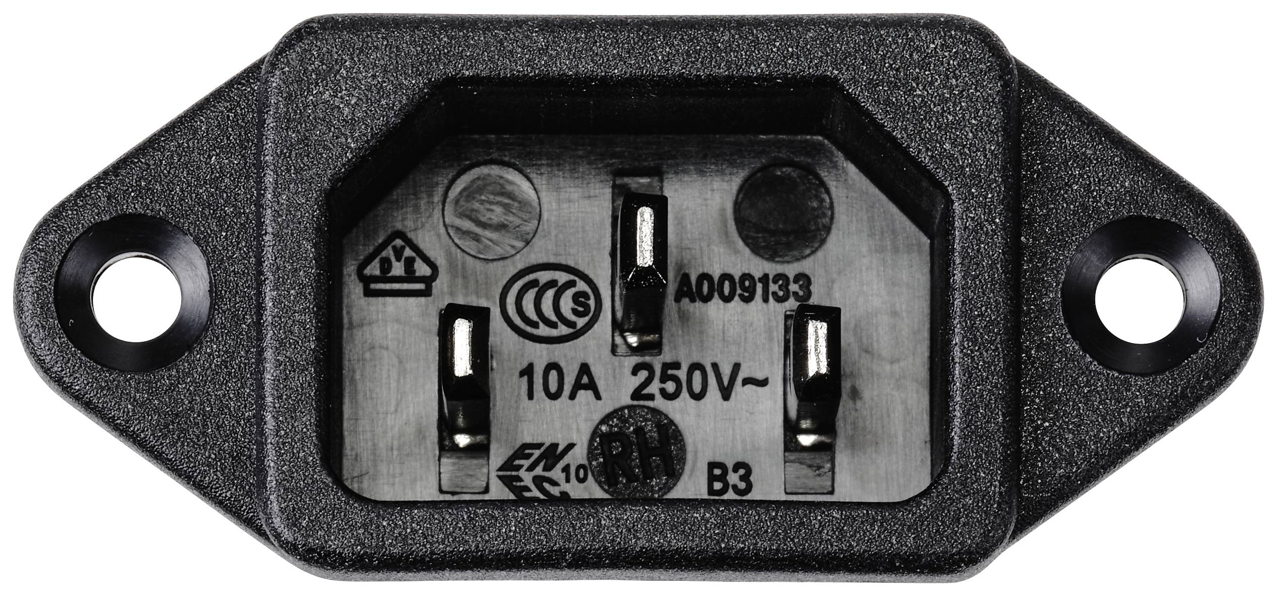 Černá síťová zásuvka se třemi kontakty, označená '10A 250V~', ideální pro připojení elektronických zařízení.
