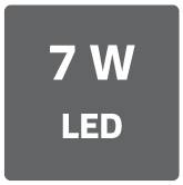 7W LED na čtvercovém pozadí signalizuje výkon a typ LED žárovky.