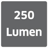 "250 lumenů" černým písmem na šedém pozadí.