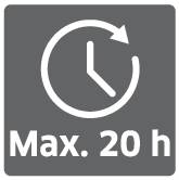 Symbol kruhu se šipkou a hodinovým ukazatelem nastaveným na 2 hodiny. Pod ním je nápis: 'Max. 20 h'. Značka pro časové omezení.
