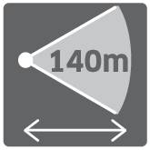 Symbol pro radiální dosah 140 metrů. Šipka ukazuje šířku pokrytého prostoru.