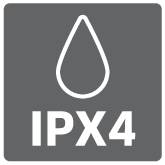 Nápis "IPX4" na tečkovaném pozadí. Znamená ochranu proti stříkající vodě ze všech směrů.