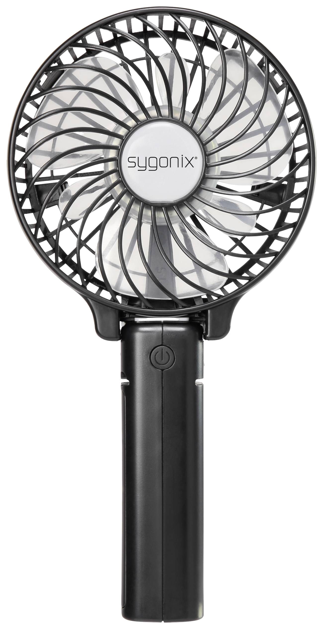 Černý ruční ventilátor se stříbrným mřížovým designem. Uprostřed značka 'sygonix'.