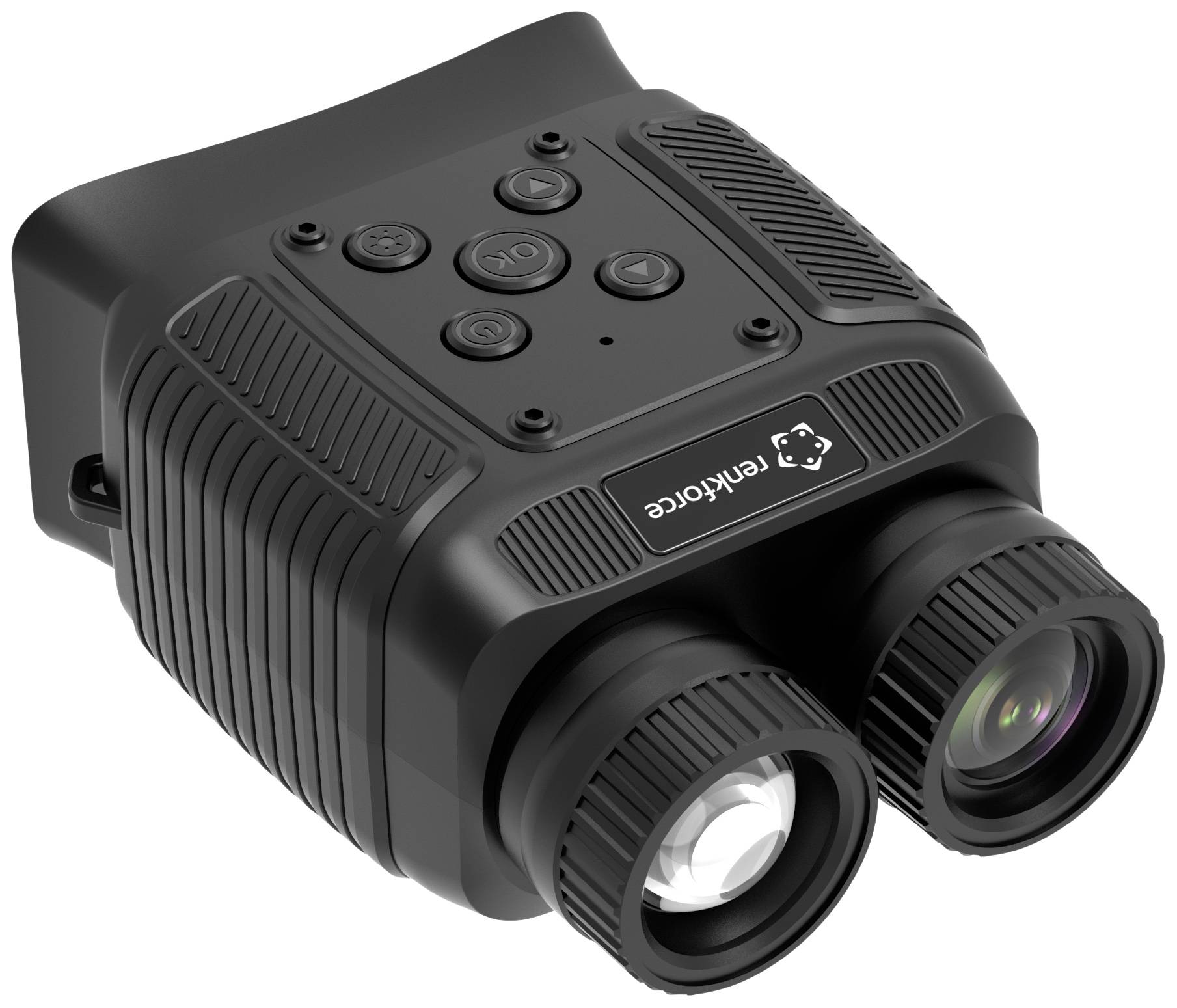 Dalekohled s tlačítky a dvěma čočkami, který se používá pro noční pozorování a měření vzdálenosti. Černý, kompaktní, s propracovaným designem.