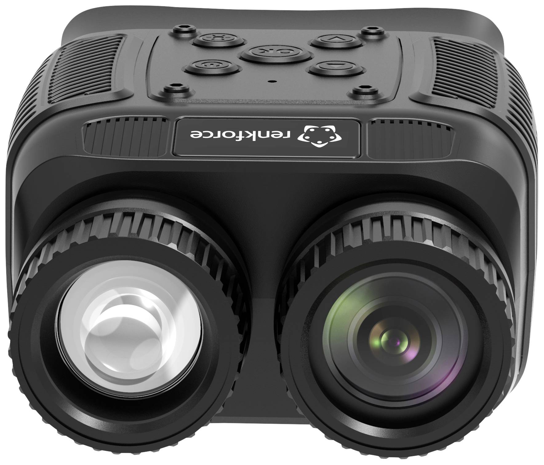 Noční dalekohled se dvěma objektivy a ovládacími tlačítky nahoře; viditelné logo značky. Vhodný pro pozorování ve tmě.