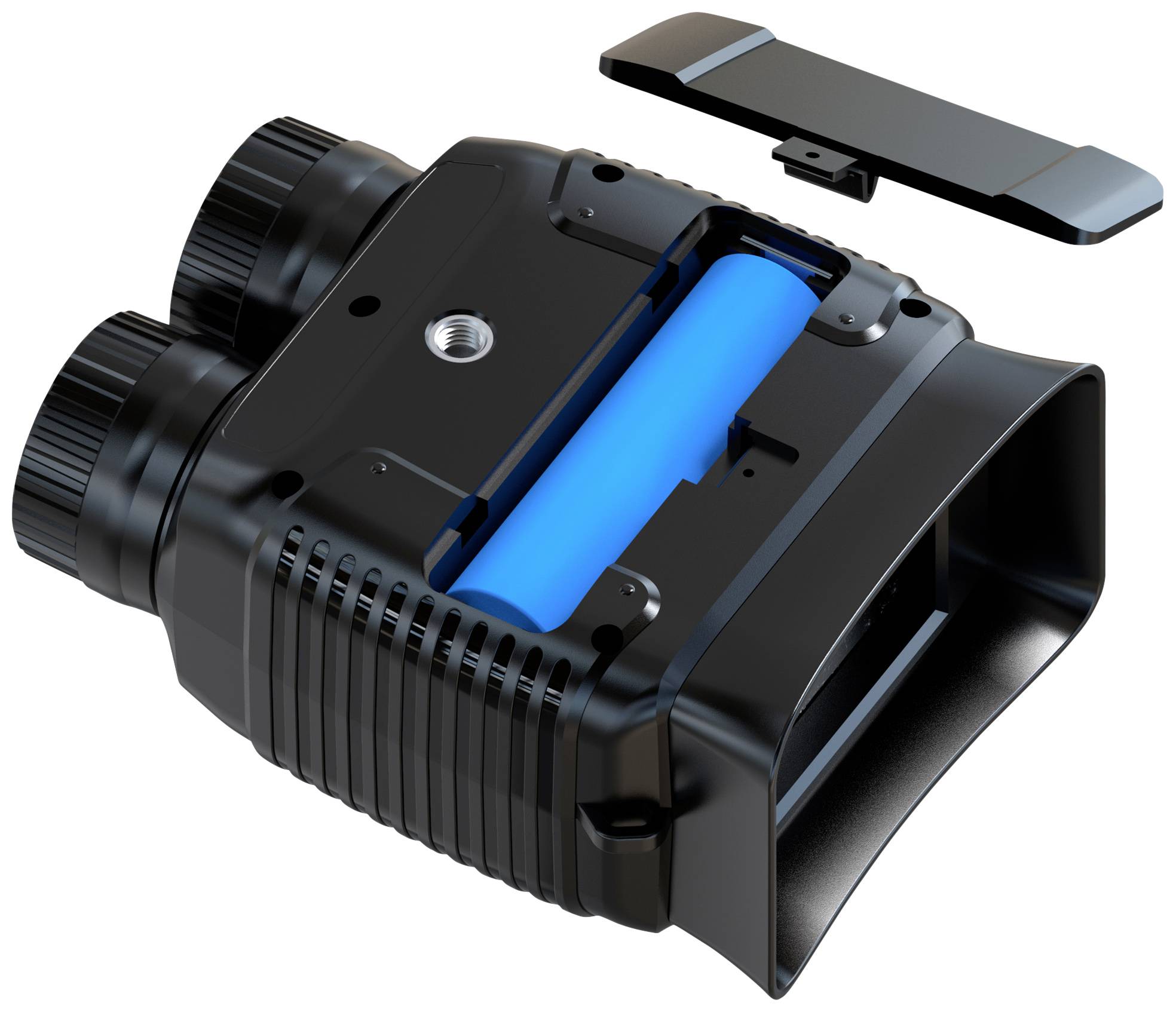 Přenosné zařízení v černé barvě s otevřeným pouzdrem odhaluje modrý akumulátor uvnitř. Vpravo od něj leží odnímatelný kryt.