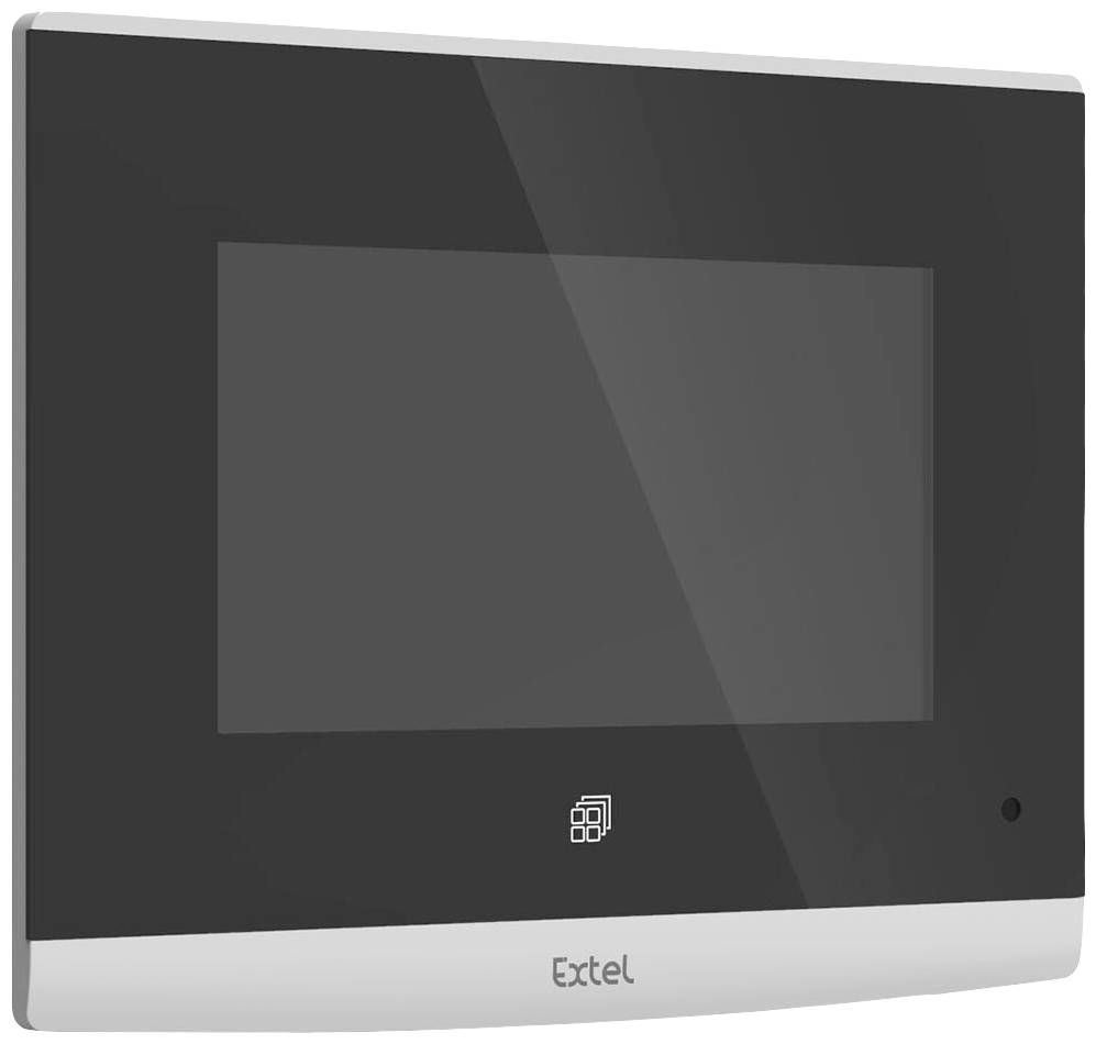 Obdélníkové černé nástěnné zařízení s obrazovkou a logem 'Extel' dole, pravděpodobně určené pro video monitoring nebo komunikaci u dveří.