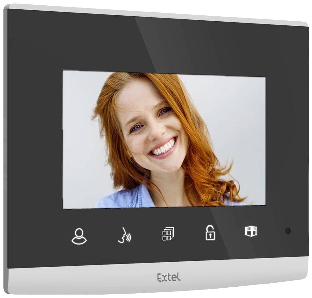 Monitor s videoobrázkem usmívající se osoby na displeji. Pod ním symboly pro uživatele, zvuk, volání a otevírání dveří.