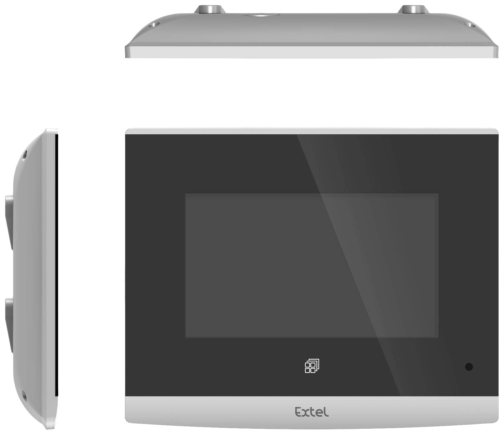 Videotelefon s obrazovkou a ovládacími tlačítky pro komunikaci a dohled u vstupních dveří.