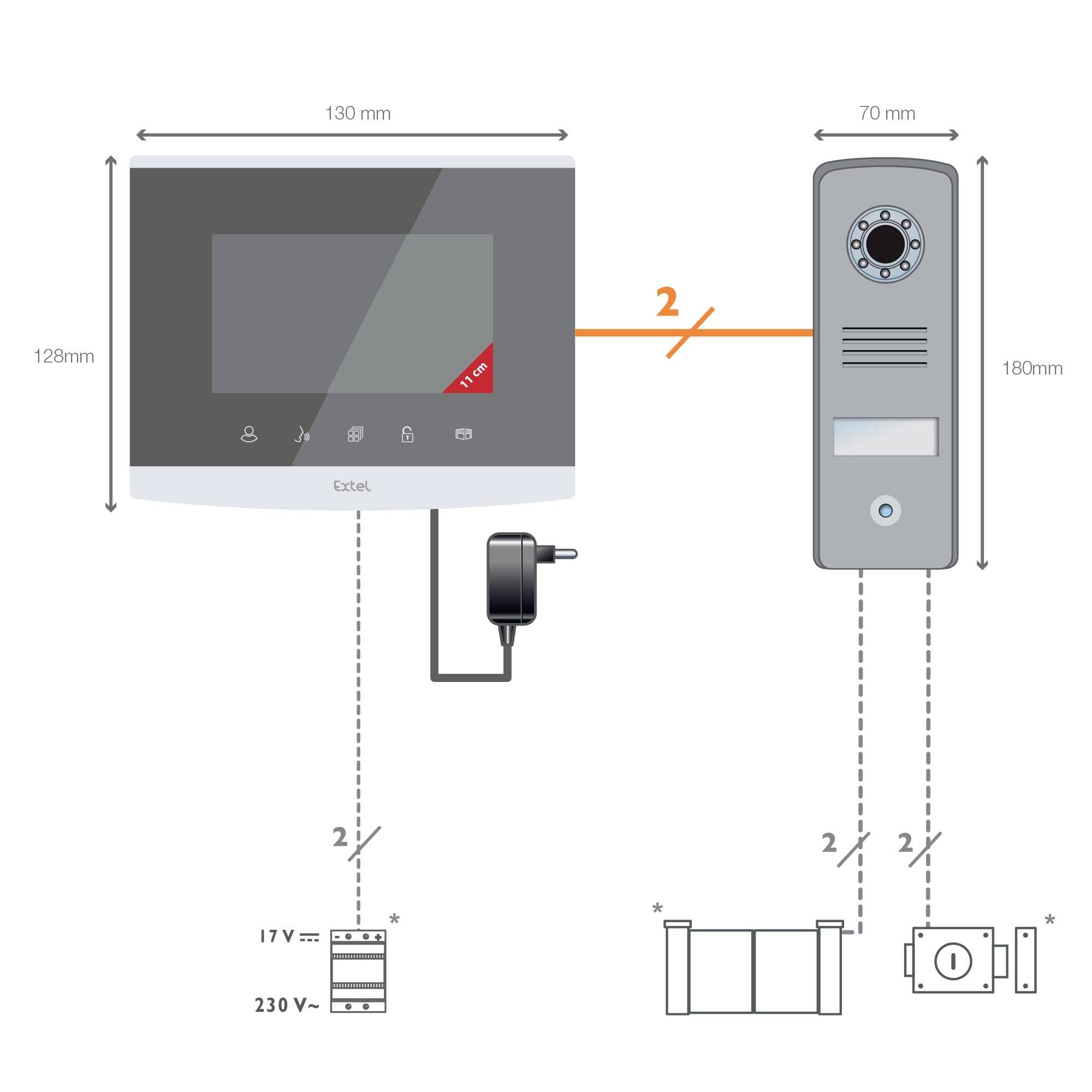 Videotelefon s monitorem a venkovní jednotkou zobrazuje pokyny pro připojení a instalaci s rozměry a symboly.