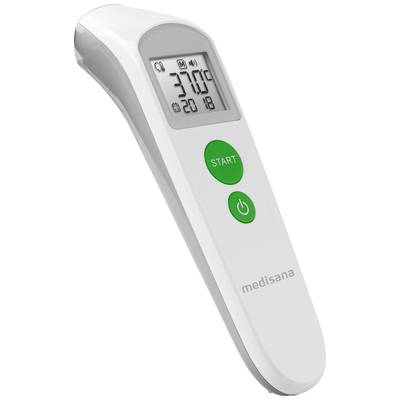 Infračervený čelní teploměr v bílé barvě, zobrazuje 37,0°C na displeji. Obsahuje zelené startovací a napájecí tlačítka a název značky 'medisana'.
