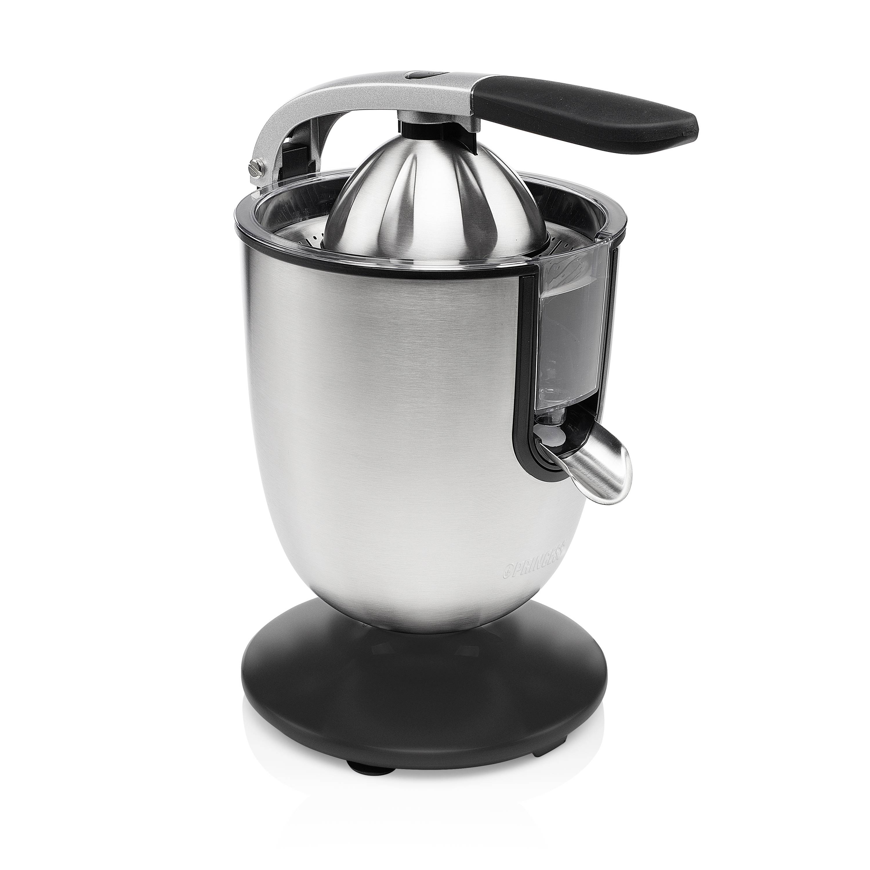 'Kovový citrusový lis s pákovým mechanismem a černou rukojetí, umístěný na černé základně.'