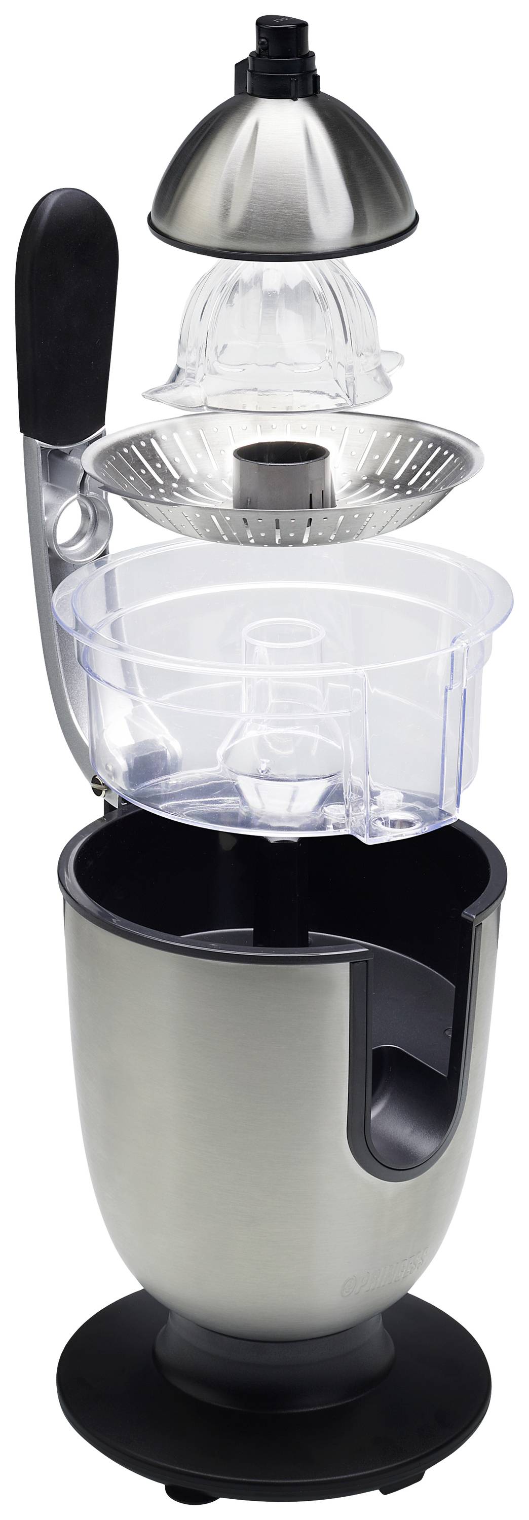 Elektrický odšťavňovač z nerezové oceli s průhlednou nádobou a pákou, vhodný pro šťávu z citrusových plodů.