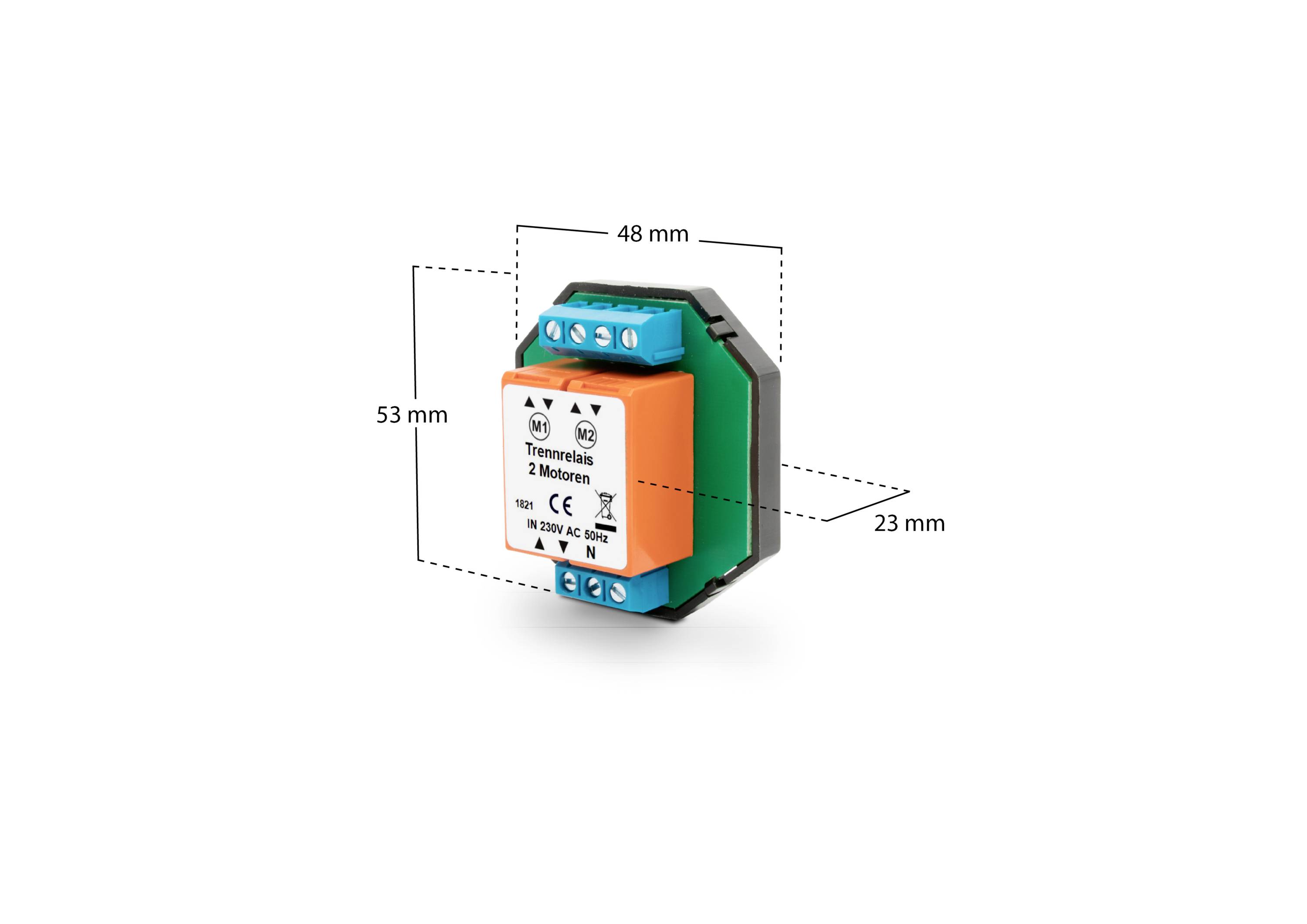 Na obrázku je elektronické zařízení o rozměrech 48 mm x 53 mm x 23 mm. Je umístěno v plastovém pouzdře s připojovacími svorkami.