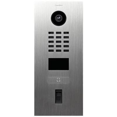 Stříbrný videotelefon s kamerou, mikrofonem a reproduktorem. Dole jsou patrné displej a tlačítko zvonku.