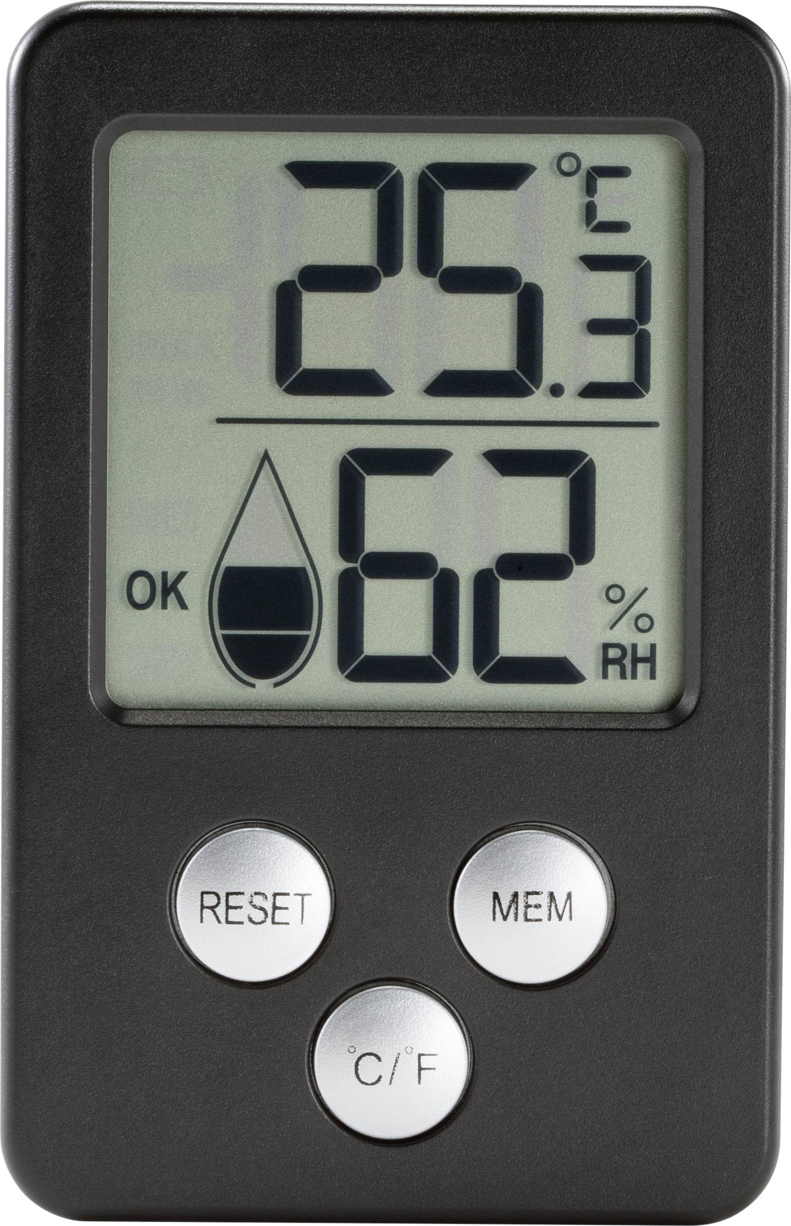 Digitální vlhkoměr s displejem: '25,3 °C' a '62 % RV'. Čtyři tlačítka dole: 'RESET', 'MEM', 'C/F'. Symbol vodní kapky s 'OK'.