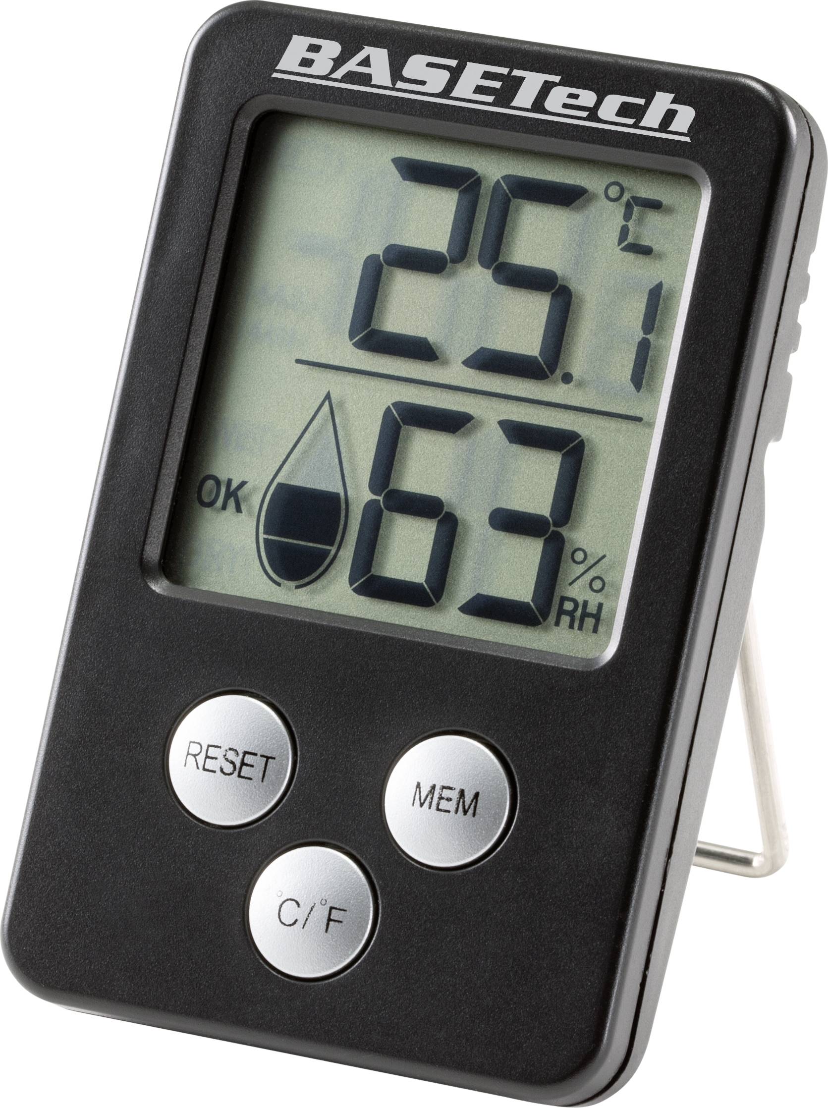 Digitální teploměr a vlhkoměr s displejem zobrazujícím 25,1°C a 63% relativní vlhkosti, černý přední panel s ovládacími tlačítky.