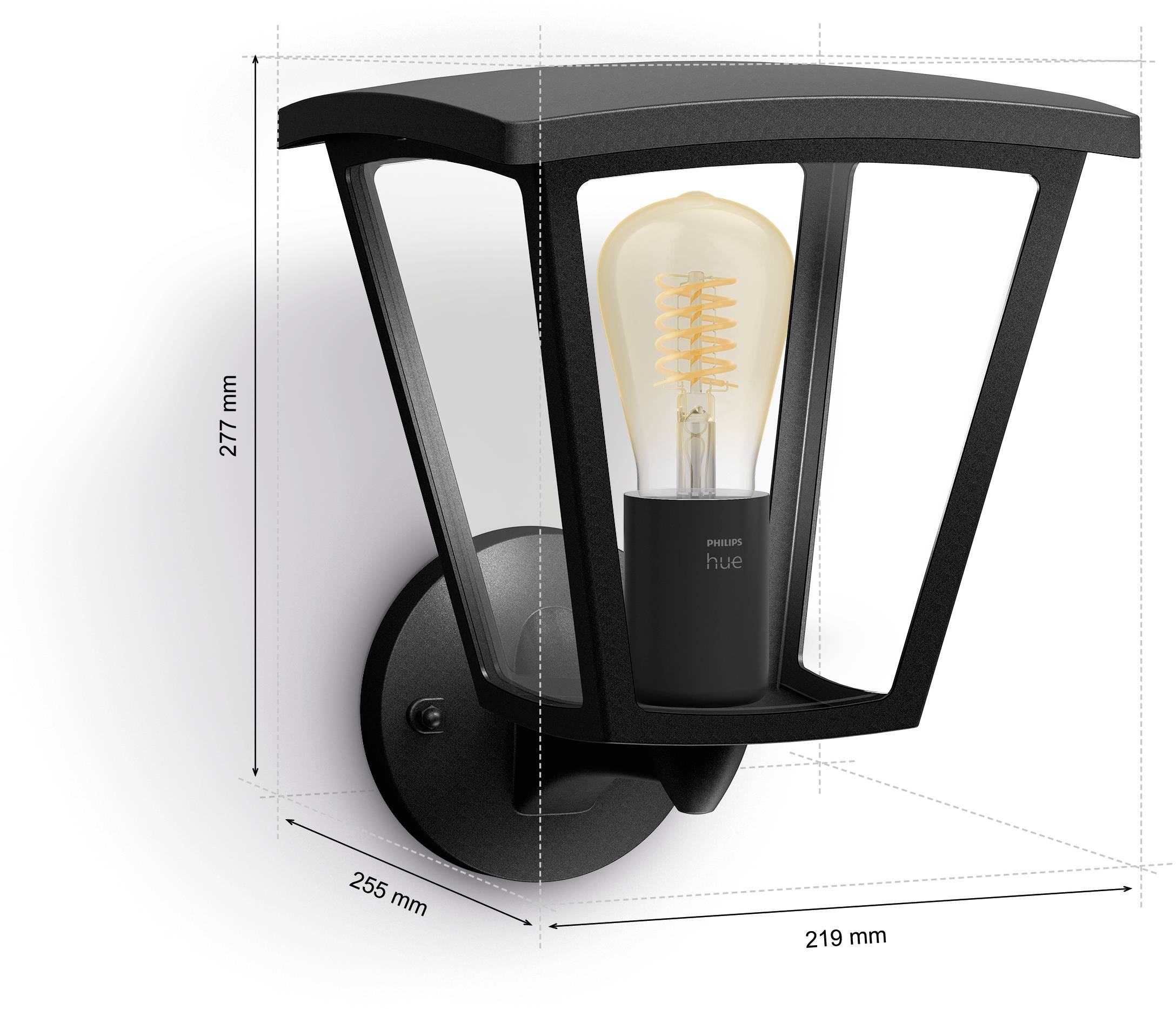 Venkovní nástěnná lampa ve stylu lucerny s žárovkou Edison, rozměry: výška 277 mm, šířka 255 mm, hloubka 219 mm.