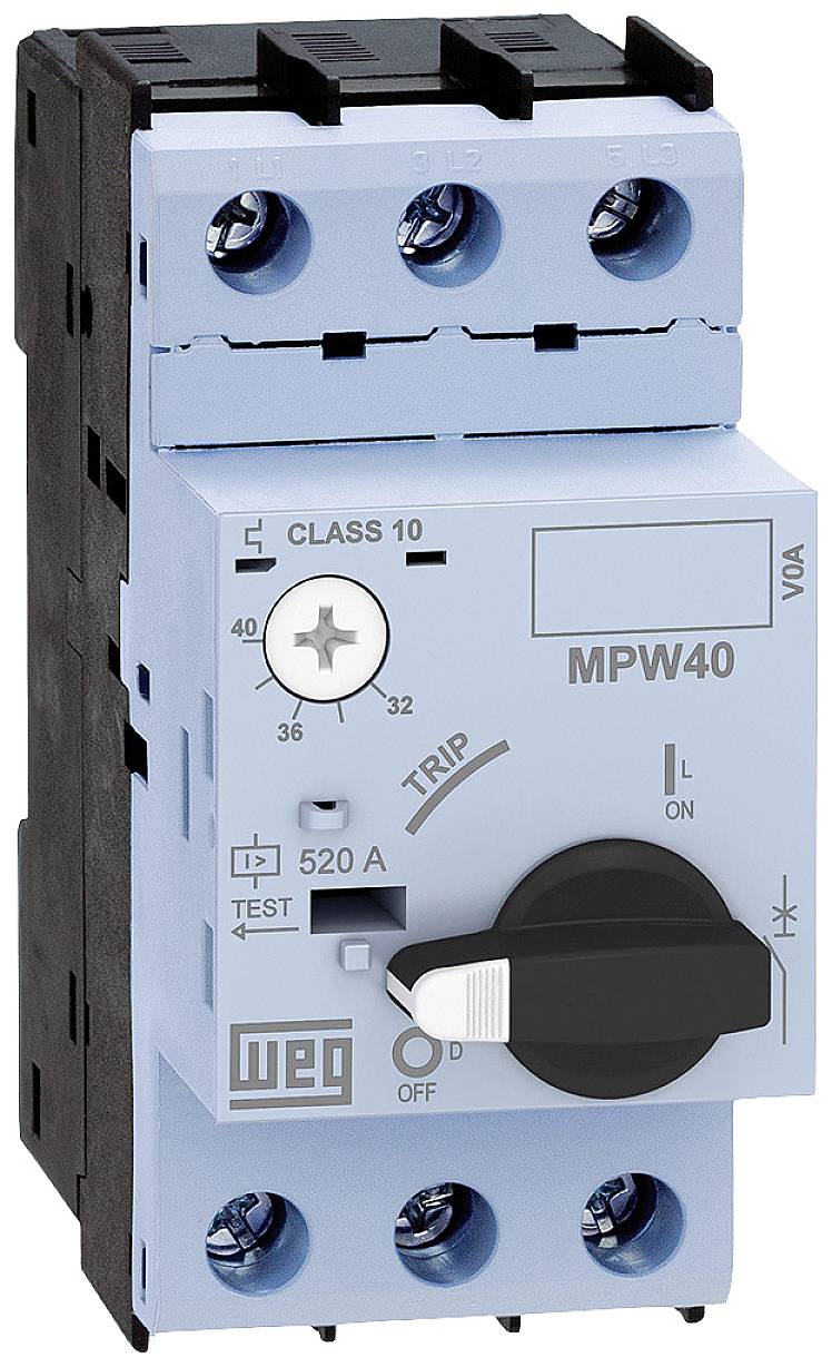 Modrý výkonový jistič s černým otočným spínačem, označený štítkem 'MPW40' a elektrickými specifikacemi jako '520 A'.