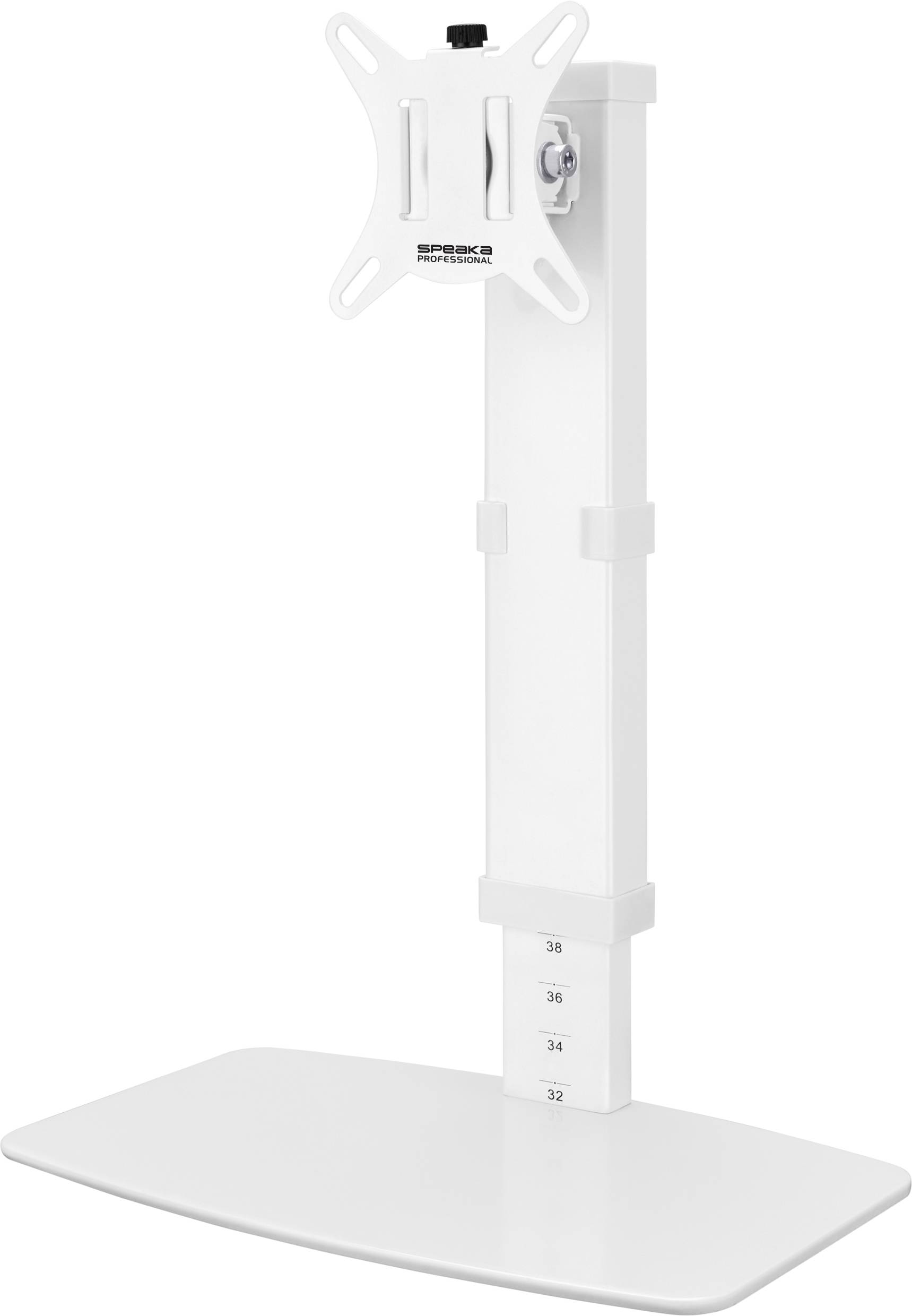 Výškově nastavitelný držák monitoru z bílého materiálu se stabilní základnou a uchycením pro monitory kompatibilní se standardem VESA.