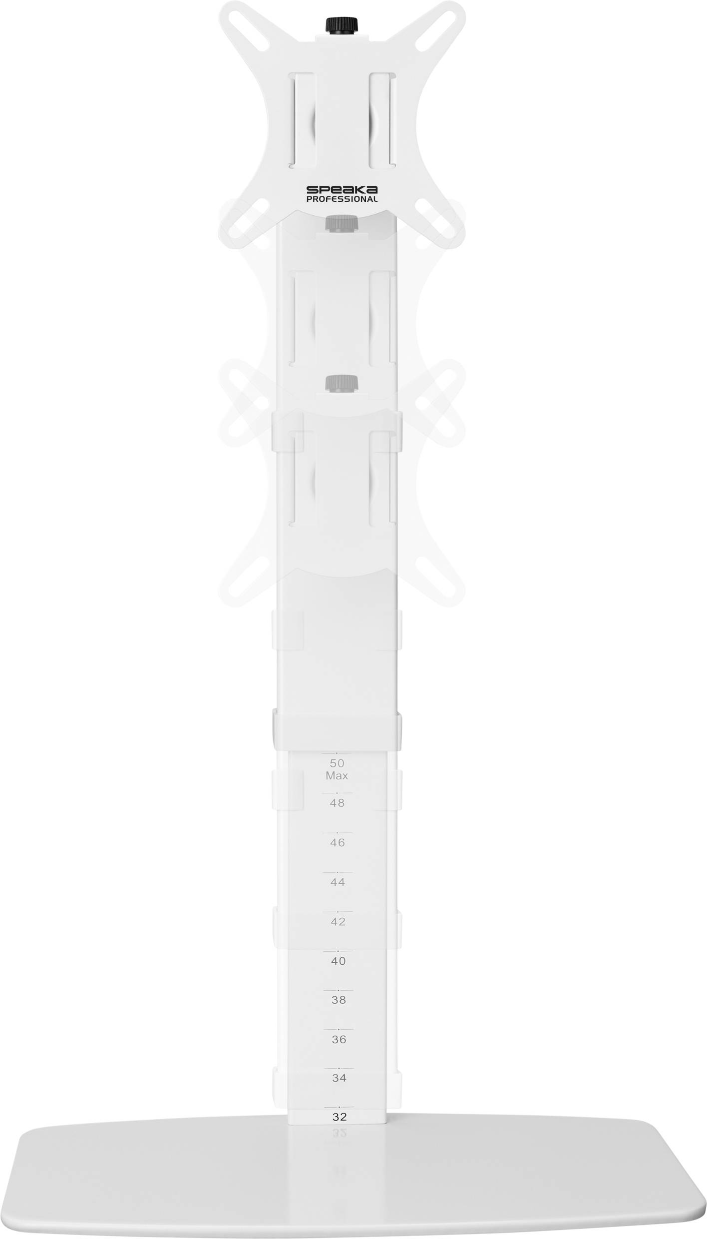 Nastavitelný stojan na monitor v bílé barvě, který zobrazuje výškové nastavení od 32 do 56 cm na stupnici.