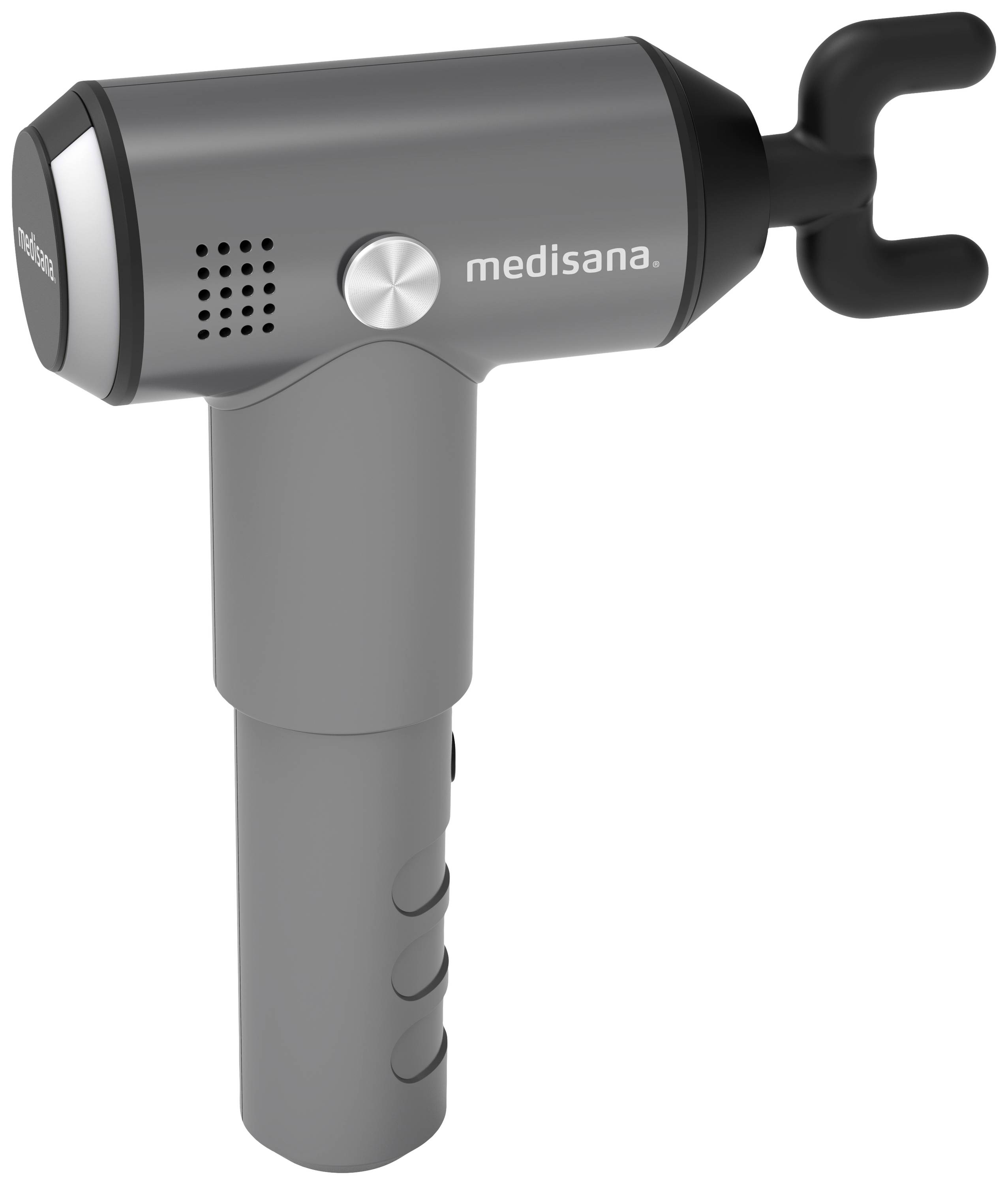 Masážní přístroj s ergonomickou rukojetí a U-tvarovým nástavcem, značka 'medisana', šedý.