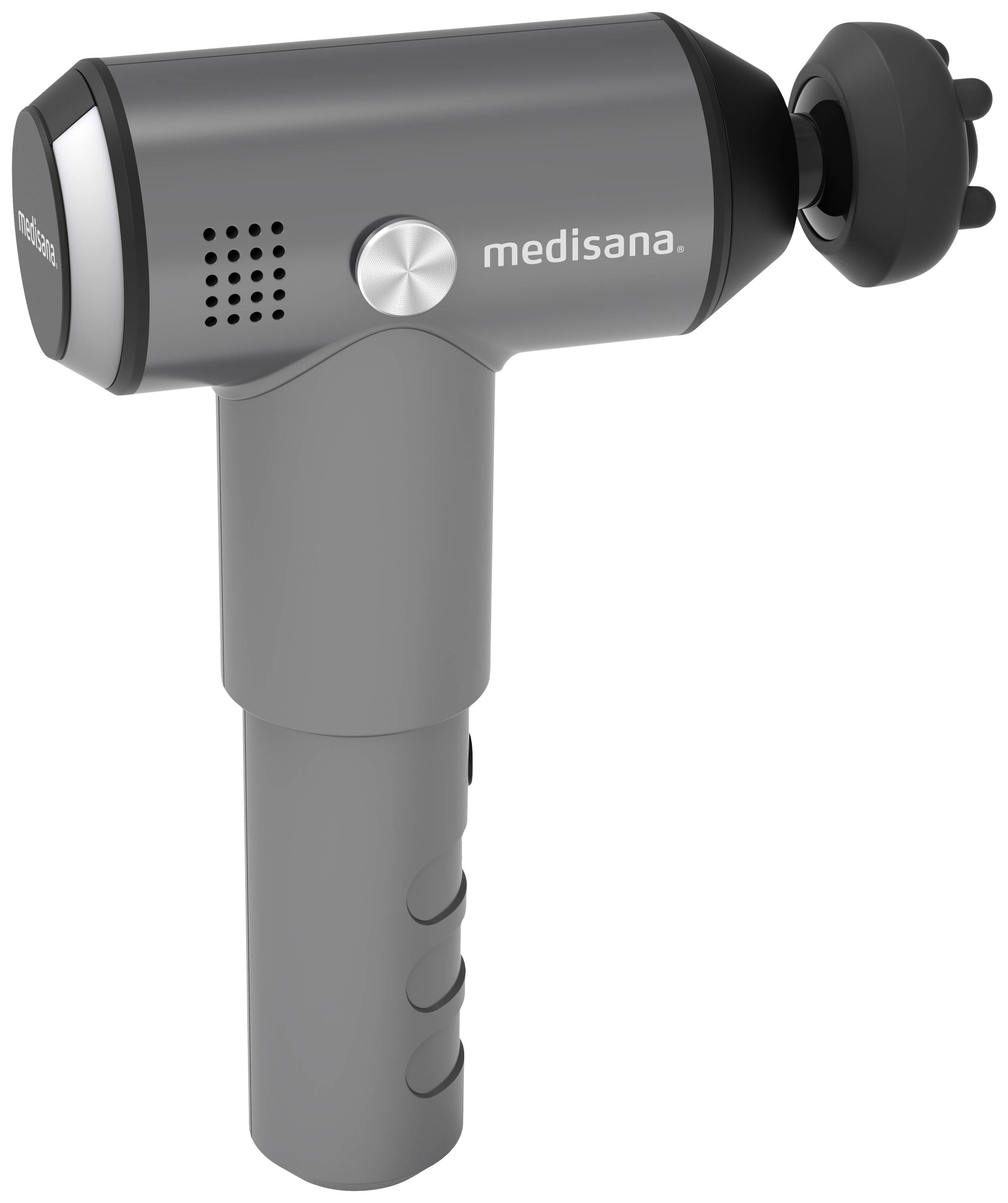 Šedý masážní přístroj s nápisem 'medisana' na straně. Má ergonomickou rukověť a vyměnitelné nástavce.